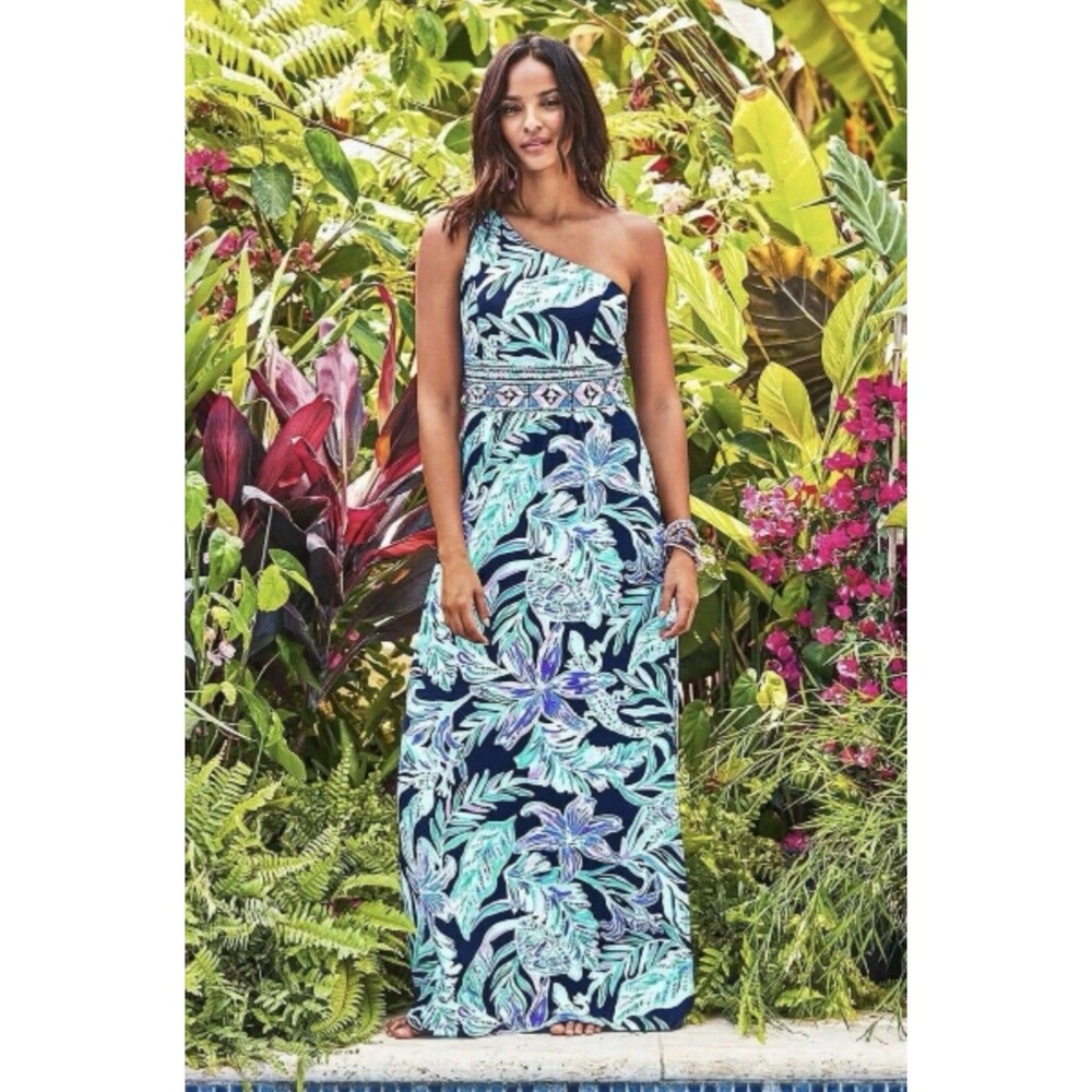 LILLY PULITZER SIZE XS MALIA MAXI DRESS *READY SET GECKO* HIGH TIDE NAVY